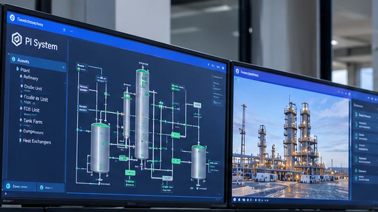 Engineering workstation showing PI System asset hierarchy and process displays