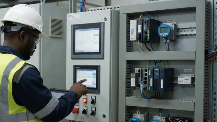 Engineer configuring an industrial control panel
