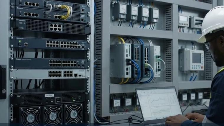 Engineer working at an industrial network cabinet